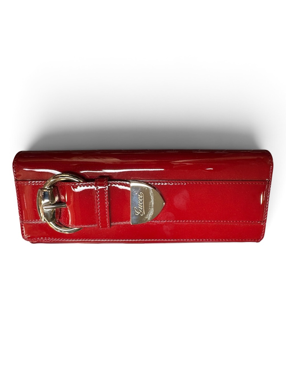 Gucci Red Patent Leather Buckle Wristlet Clutch